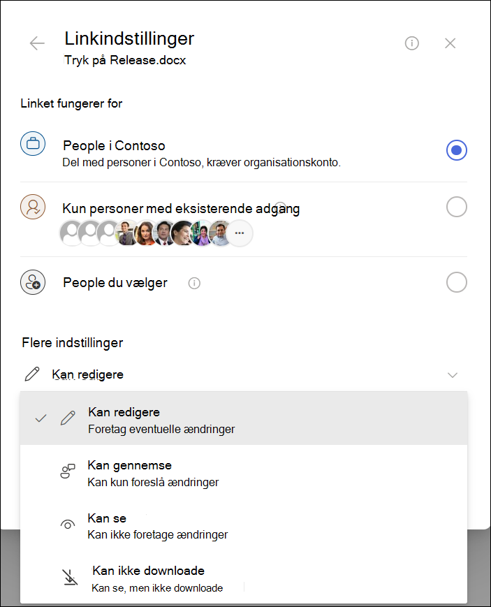 Skærmbillede af ikonet Kopier linkindstillinger fremhævet.