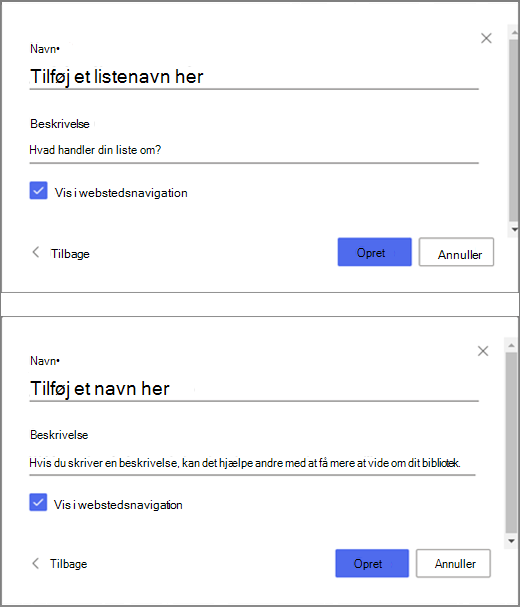 Den øverste del af billedet er et vindue til at angive oplysninger for en tom liste, og den nederste del af billedet er et vindue til at oprette et dokumentbibliotek.