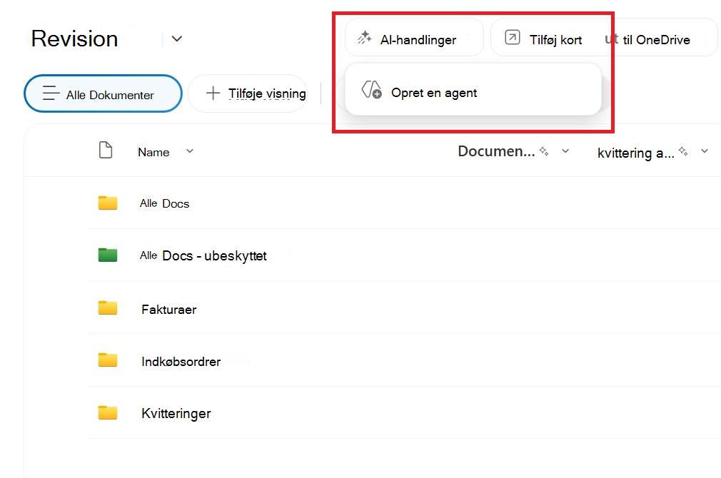 Skærmbillede, der viser knappen til at oprette en agent fra et SharePoint-dokumentbibliotek.