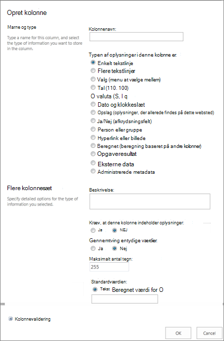 Dialogboksen Opret kolonne