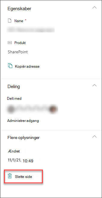 Skærmbillede af indstillingen Slet side i ruden Sidedetaljer