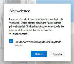 Bekræftelse af sletning af websted