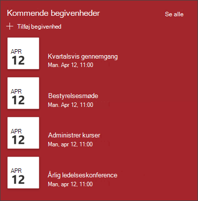 Skærmbillede af webdelen begivenheder