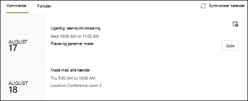 Eksempel på webdelen Gruppekalender.