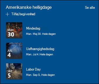 Eksempel på webdelen Hændelser.