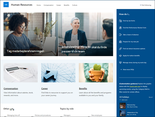 Forhåndsvisning af webstedsskabelonen for Human Resources-kommunikationswebsted