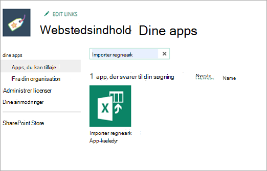 Skærmbillede af importregneark i Apps, du kan tilføje.