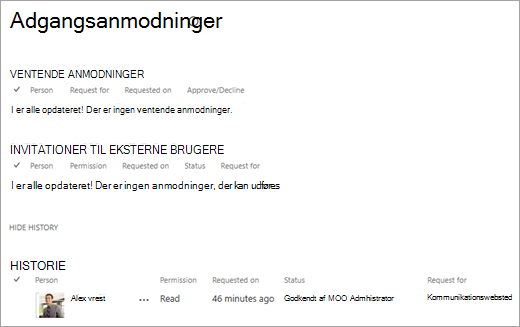 Visningen Adgangsanmodninger viser anmodningsoversigten.