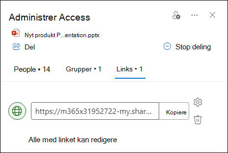 Skærmbillede, der viser dialogboksen Administrer adgang med fanen Links åben.