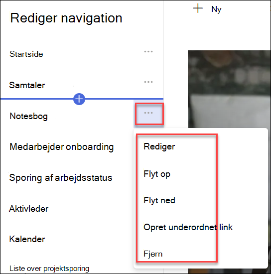 skærmbillede af genvejsmenuen navigation