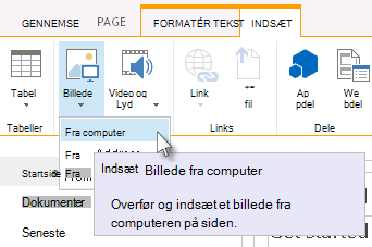 Indstillingen Indsæt et billede fra computeren