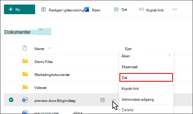 Del et dokument i et SharePoint-bibliotek