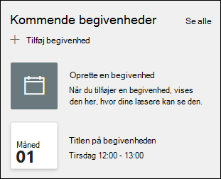 Eksempel på webdelen Hændelser.