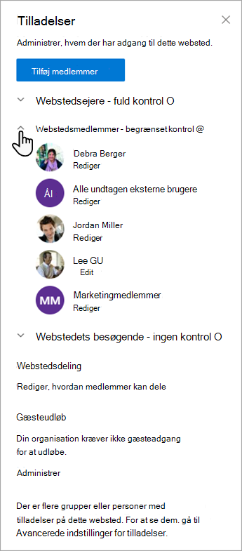 Dialogboksen Tilladelser, der gør det muligt at administrere medlemmer og deres tilladelsesniveauer.
