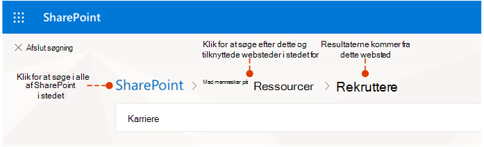 Skærmbillede, der viser, hvor resultaterne kommer fra, og alternative steder at søge