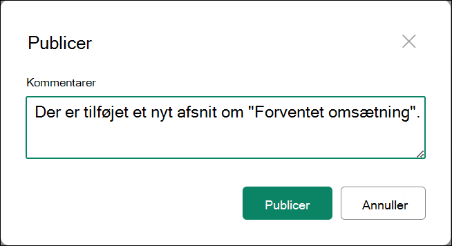 skærmbillede af Publicer overordnet version med kommentarer