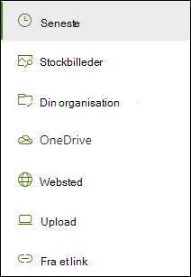 En liste over tilgængelige placeringer, når du tilføjer et link.
