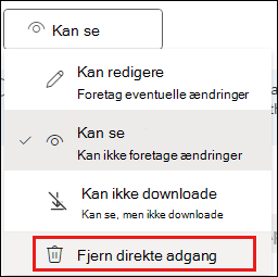 Skærmbillede af delingstilladelser med Fjern direkte adgang fremhævet.