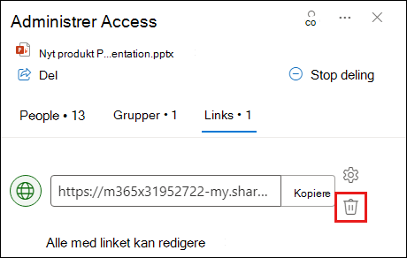 Skærmbillede, der viser dialogboksen Administrer adgang med fanen Link åben. Knappen Fjern link er fremhævet.