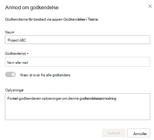 Skærmbillede, der viser dialogboksen Anmod om godkendelse.