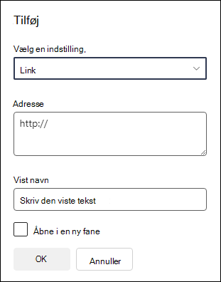 Tilføjelse af et link til en navigationsmenu på et teamwebsted.