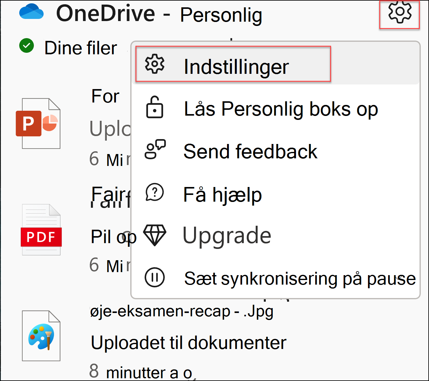 skærmbillede af oneDrive-indstillinger