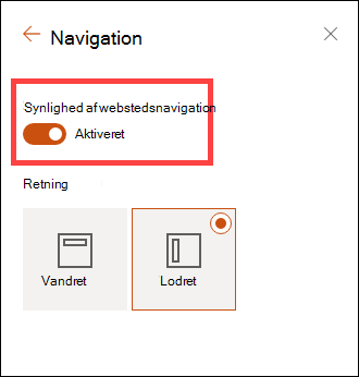 Adgang til synlighedsindstillingerne for webstedsnavigation via indstillinger.