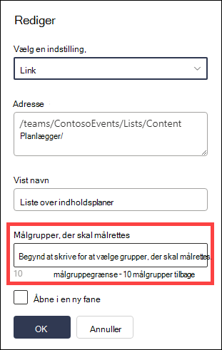Målgrupper til målfeltet fremhævet.