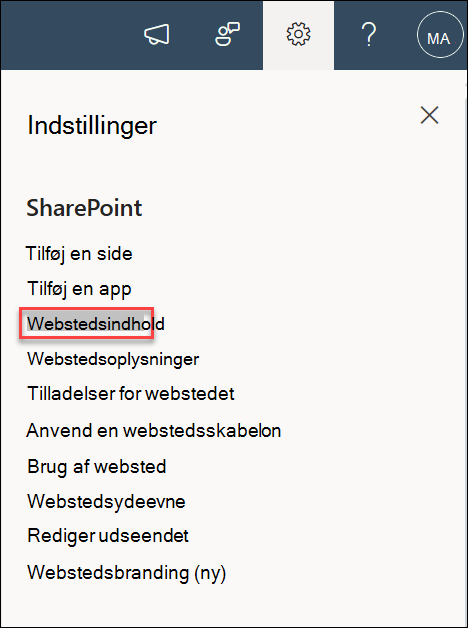 Skærmbillede af indstillinger for webstedsindhold