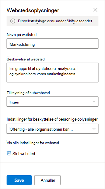 Indstillinger for Webstedsoplysninger for et teamwebsted.