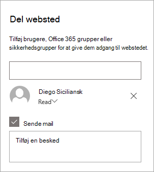 Tilføjelse af en person i ruden Del websted