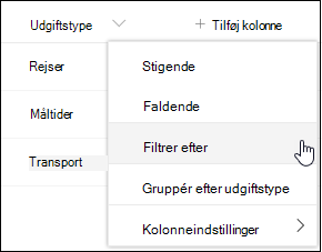 Menuindstillingen Filtrer efter kolonneoverskrifter i SharePoint