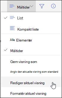 Menuindstillingen Rediger aktuel visning i SharePoint Online
