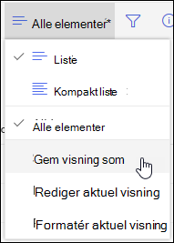Menuen Listevisning i SharePoint Online Indstillingen Gem som