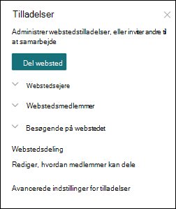 Panel for webstedstilladelser på SharePoint-websted