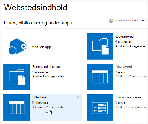 Side med webstedsindhold, hvor listen er valgt