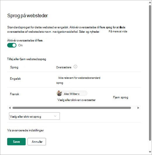 Skærmbillede, der viser siden Webstedssprog i SharePoint.