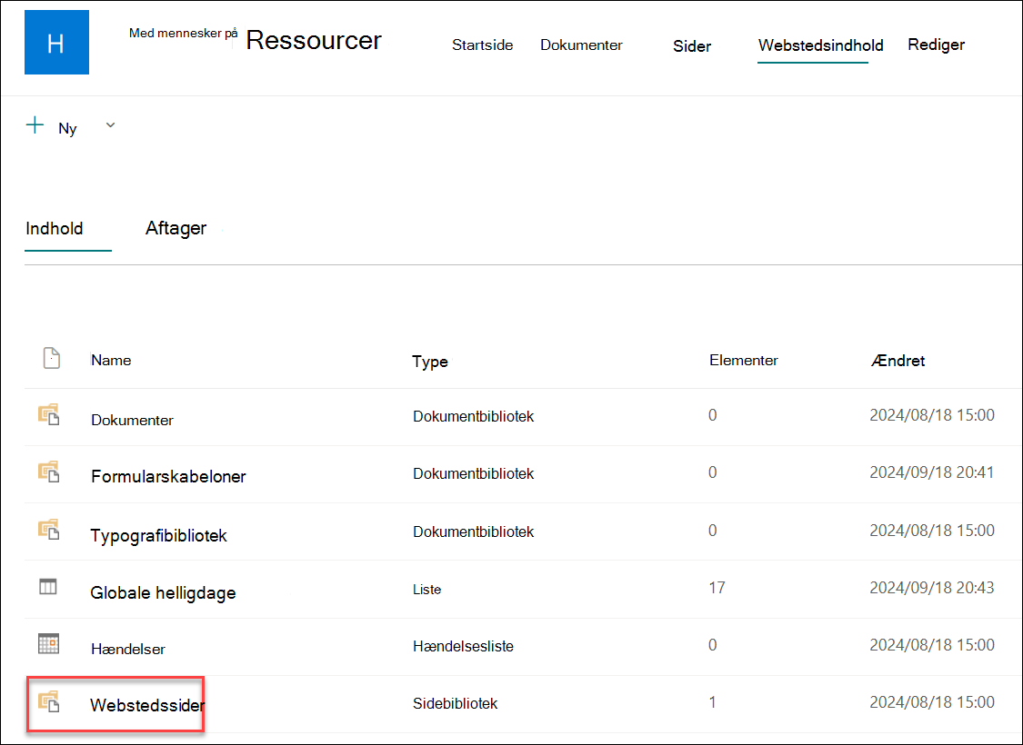 Skærmbillede af webstedssider