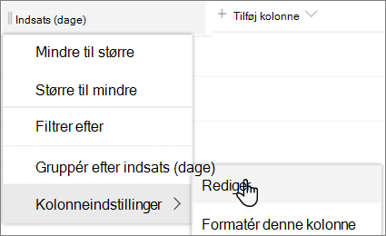 Ruden Rediger kolonne i SharePoint med indstillingen Slet valgt