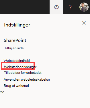 Indstillingspanel åbent med webstedsoplysninger fremhævet.