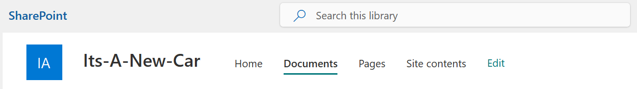 En øverste linjemenu på et SharePoint-websted med indstillingen Dokumenter valgt.