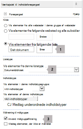 Liste med egenskaber for webdelen Indholdsforespørgsel med tre billedforklaringer