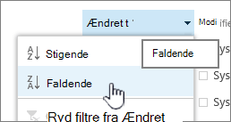Rullemenuen sortering i en kolonneoverskrift