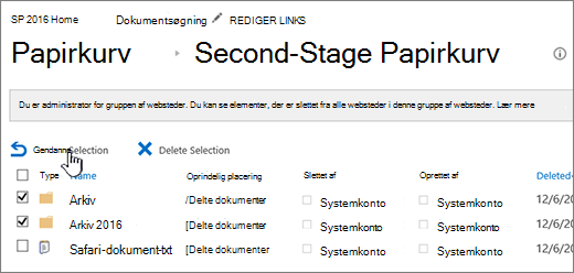 Papirkurv på andet niveau i SharePoint med knappen Gendan fremhævet