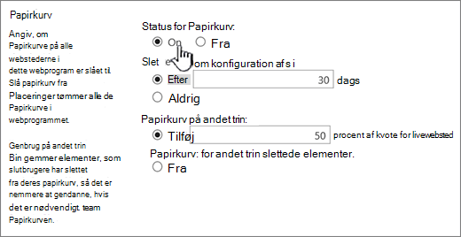 sektionen med genbrugsindstillinger på siden generelle indstillinger for webprogrammet