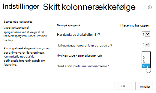 Dialogboksen Byt om på rækkefølgen af spørgsmål med rullelisten fremhævet på et spørgsmål