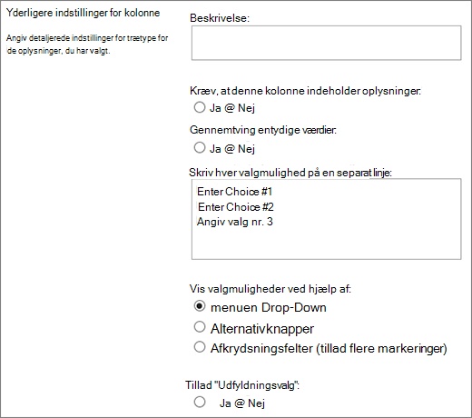 Indstillinger for valgkolonnerne