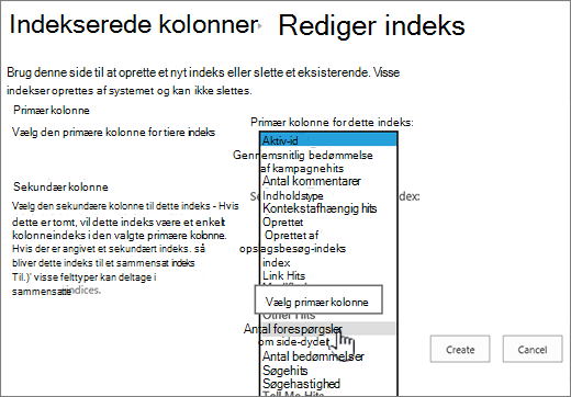 Siden Rediger indeks med kolonne markeret fra rullelisten