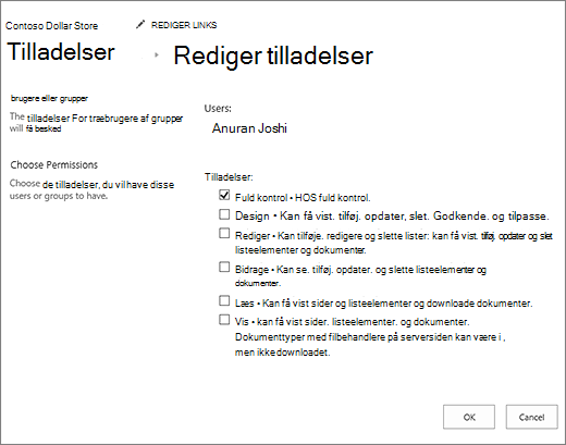 Skift tilladelsesniveauer i dialogboksen Tilladelser