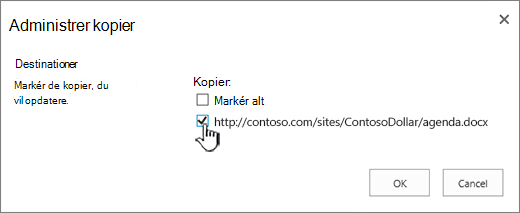 Vælg de destinationskopier, der skal opdateres